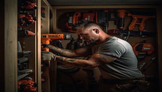 man using power tool in a power tool closet